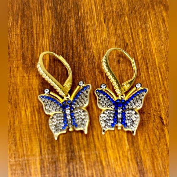 Beautiful Gold Plated 925 Blue Rhinestone Butterfly Earrings - Picture 8 of 10